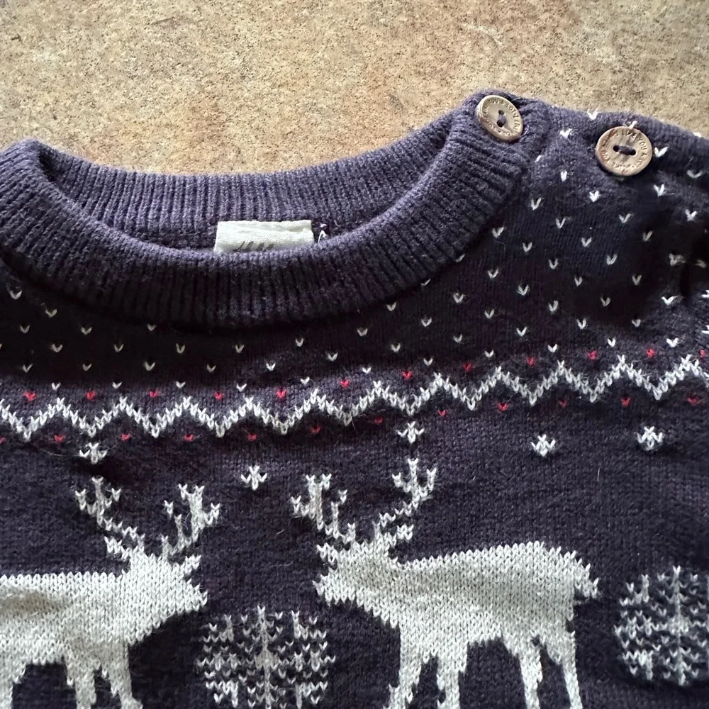 H&M Navy Blue Kids Sweater with White Reindeer Pattern Cotton - Picture 3 of 5